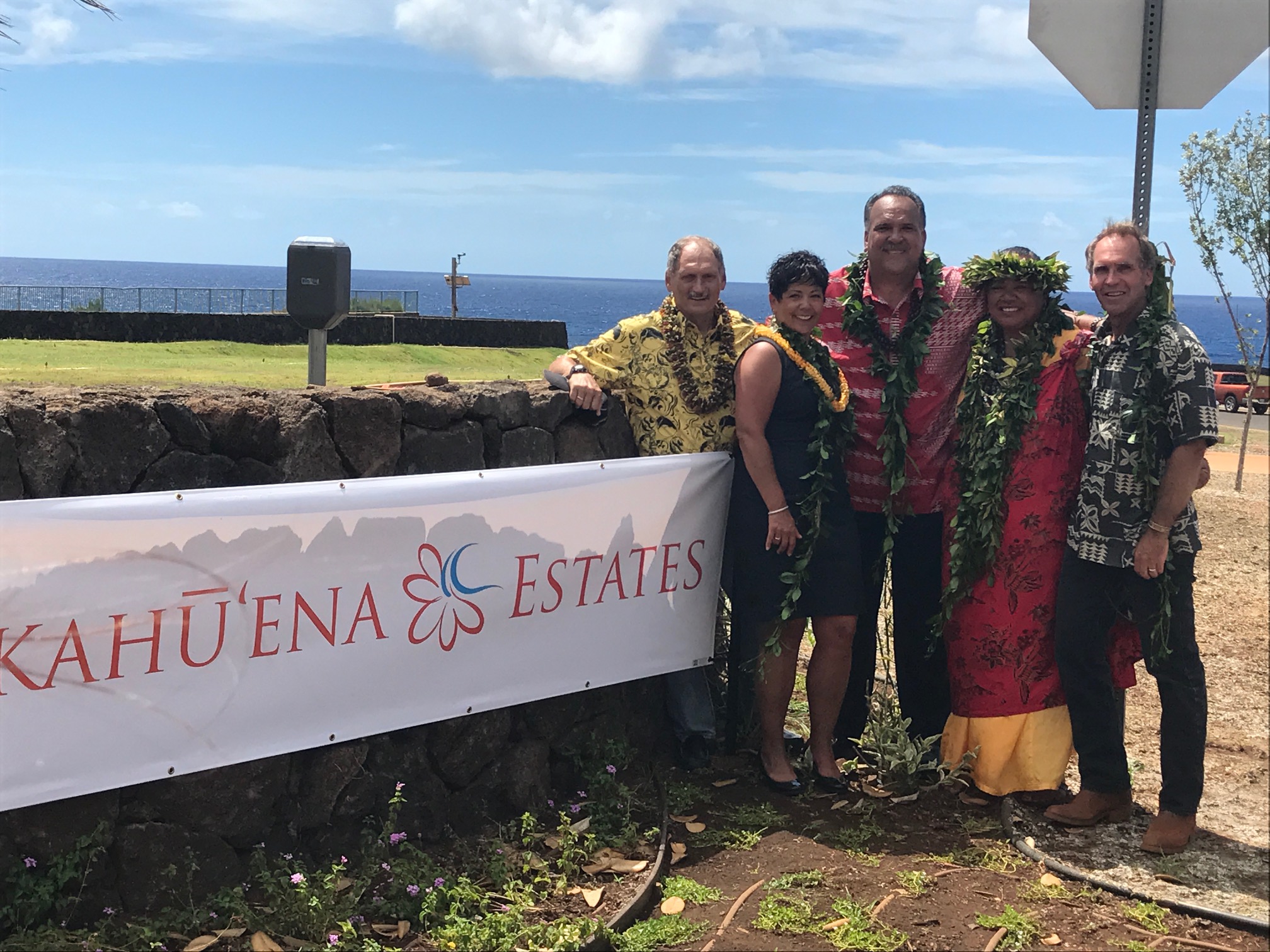 A group gathered Aug. 9 for the Makahu’ena Estates dedication ceremony. L to R: CIRI consultant Jan TenBruggencate, CIRI President and CEO Sophie Minich, Kaua’i Mayor Bernard Carvalho, cultural practitioner Kahu Kauilani Kahalekai and prime contractor Jeff Fisher. Photo by Chad Nugent.
